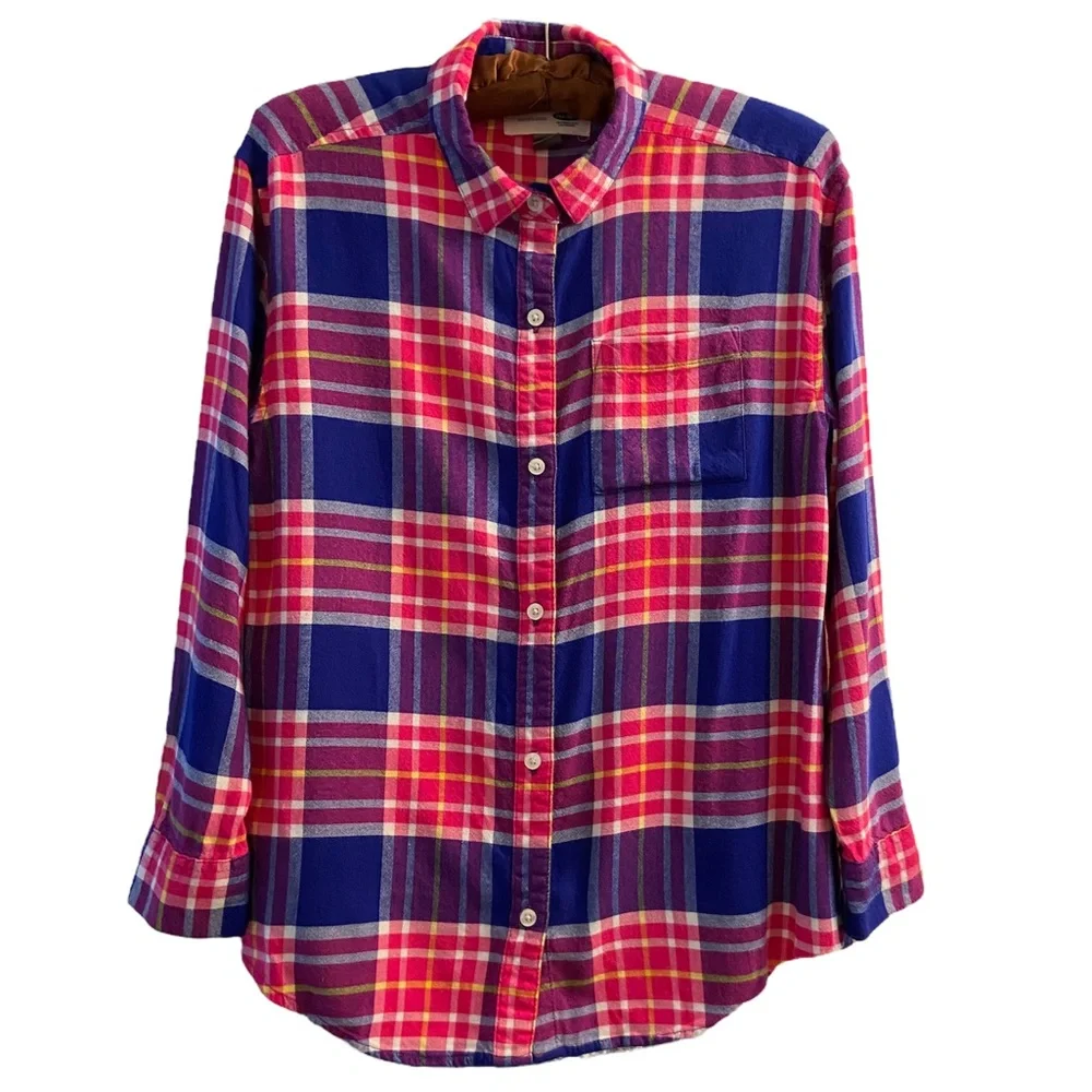 Old Navy girls 8-10 button-down Boyfriend plaid pink blue long sleeve shirt
